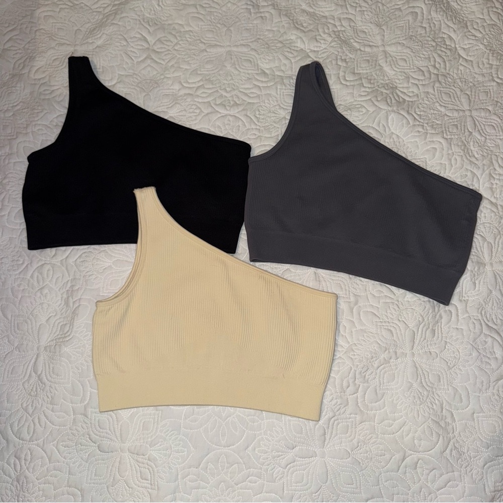 One-Shoulder Ribbed Crop Tops - Black, Gray, Cream
